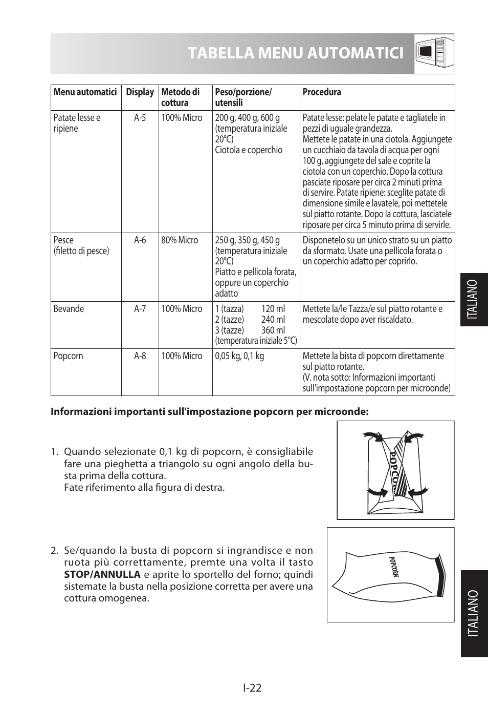 Tabella menu automatici, Italiano it aliano | Sharp R-722STWE User Manual | Page 97 / 246