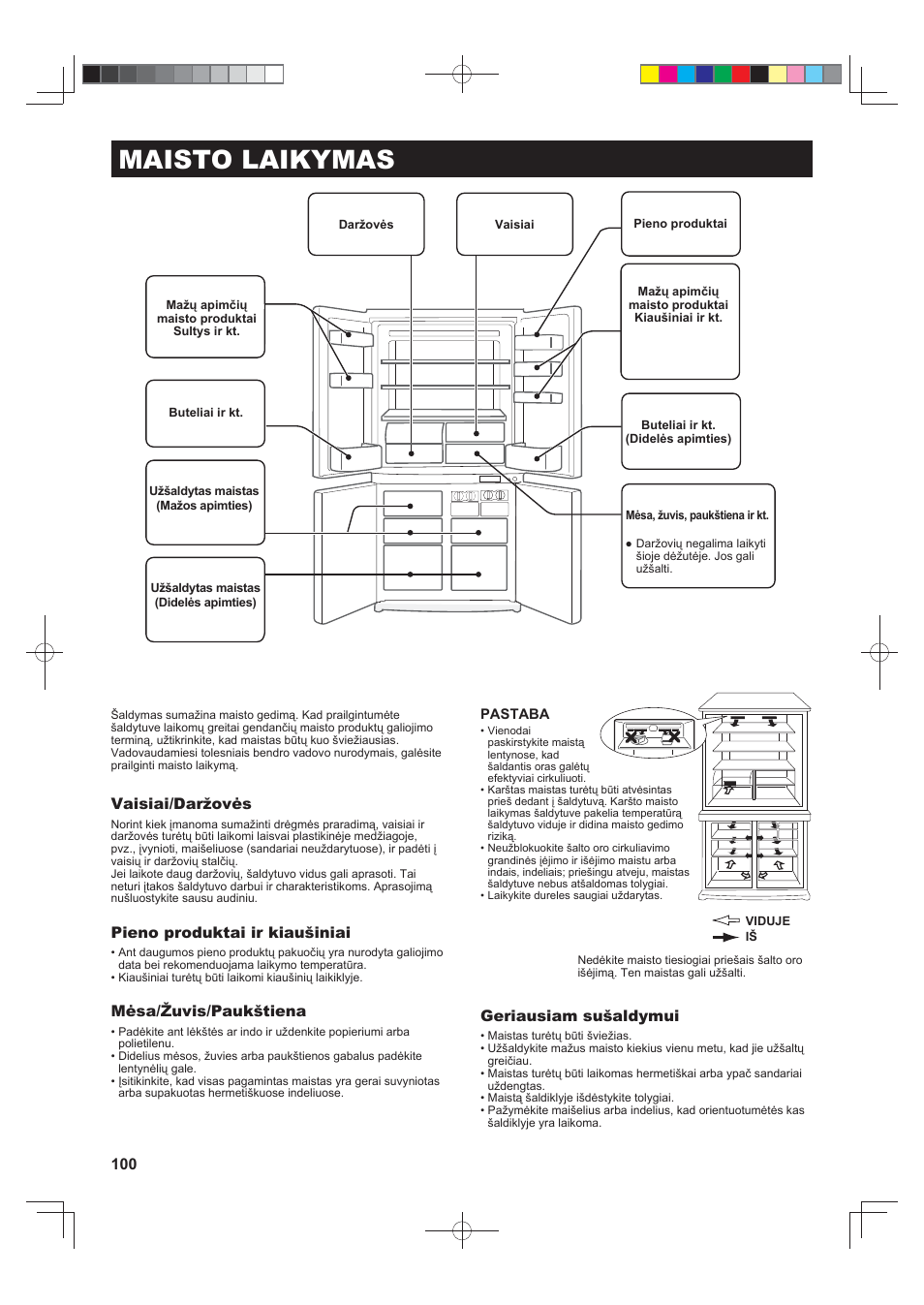 Maisto laikymas, Vaisiai/daržovės, Pieno produktai ir kiaušiniai | Mėsa/žuvis/paukštiena, Geriausiam sušaldymui | Sharp SJ-F790STSL User Manual | Page 100 / 140
