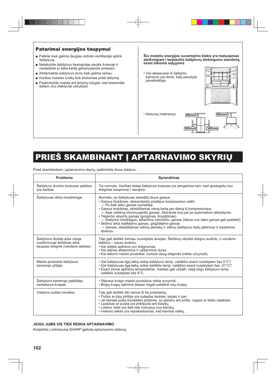 Prieš skambinant į aptarnavimo skyrių, 102 patarimai energijos taupymui | Sharp SJ-F790STSL User Manual | Page 102 / 140