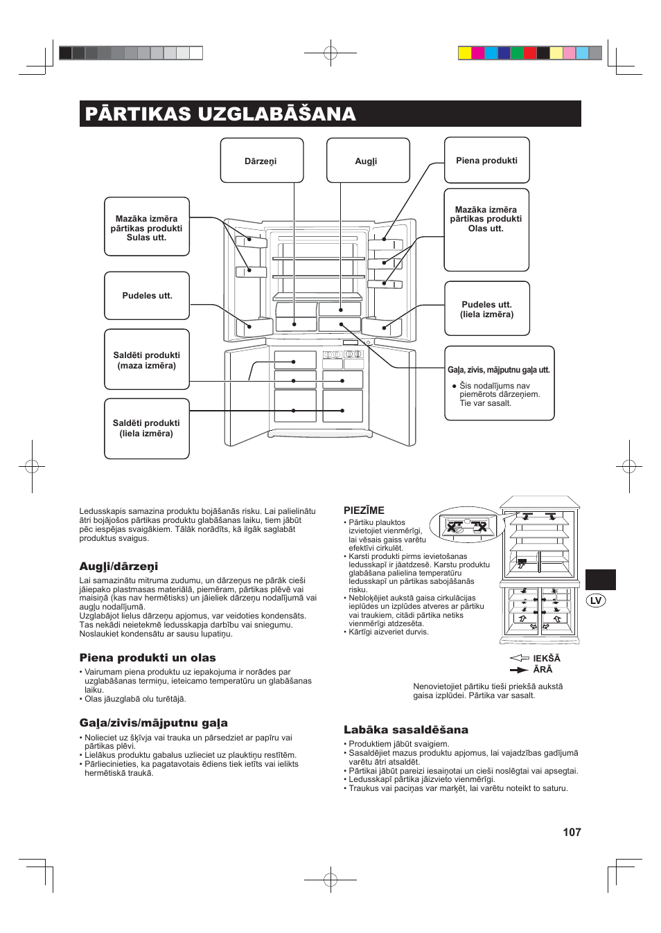 Pārtikas uzglabāšana, Augļi/dārzeņi, Piena produkti un olas | Gaļa/zivis/mājputnu gaļa, Labāka sasaldēšana | Sharp SJ-F790STSL User Manual | Page 107 / 140