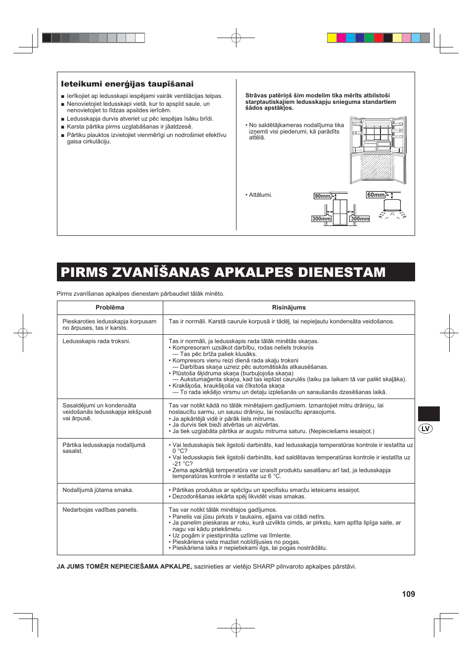 Pirms zvanīšanas apkalpes dienestam, Ieteikumi enerģijas taupīšanai | Sharp SJ-F790STSL User Manual | Page 109 / 140