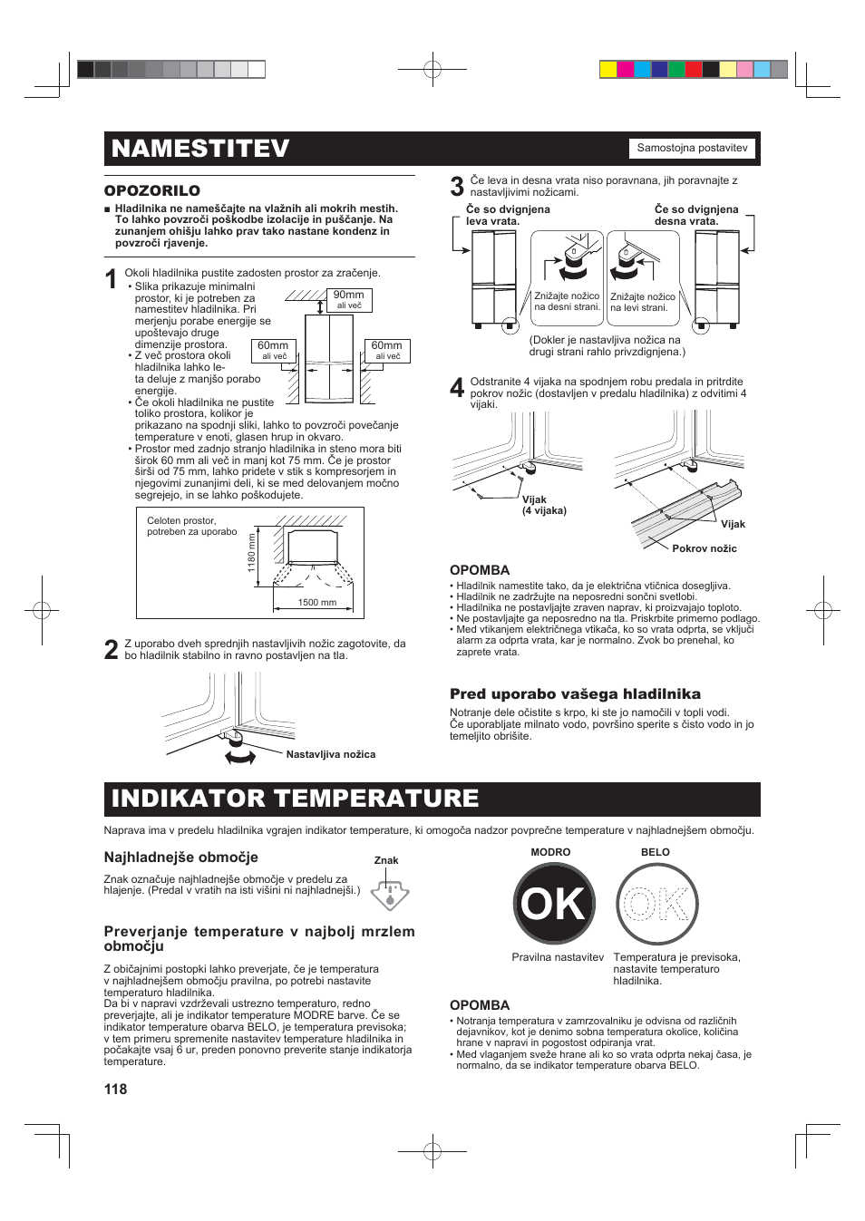 Namestitev, Indikator temperature, 118 opozorilo | Pred uporabo vašega hladilnika, Najhladnejše območje, Preverjanje temperature v najbolj mrzlem območju | Sharp SJ-F790STSL User Manual | Page 118 / 140