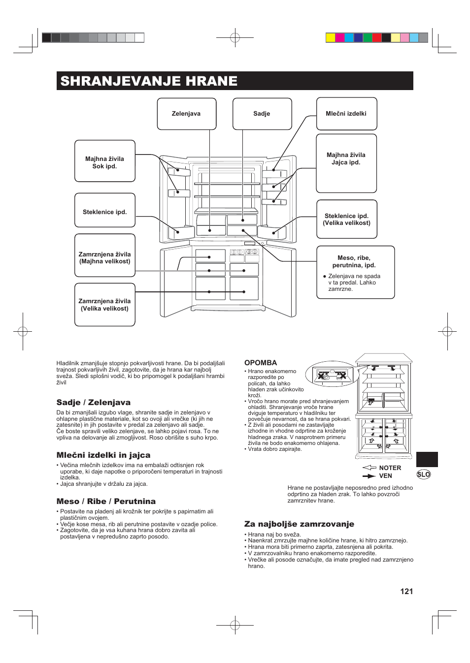 Shranjevanje hrane, Sadje / zelenjava, Mlečni izdelki in jajca | Meso / ribe / perutnina, Za najboljše zamrzovanje | Sharp SJ-F790STSL User Manual | Page 121 / 140