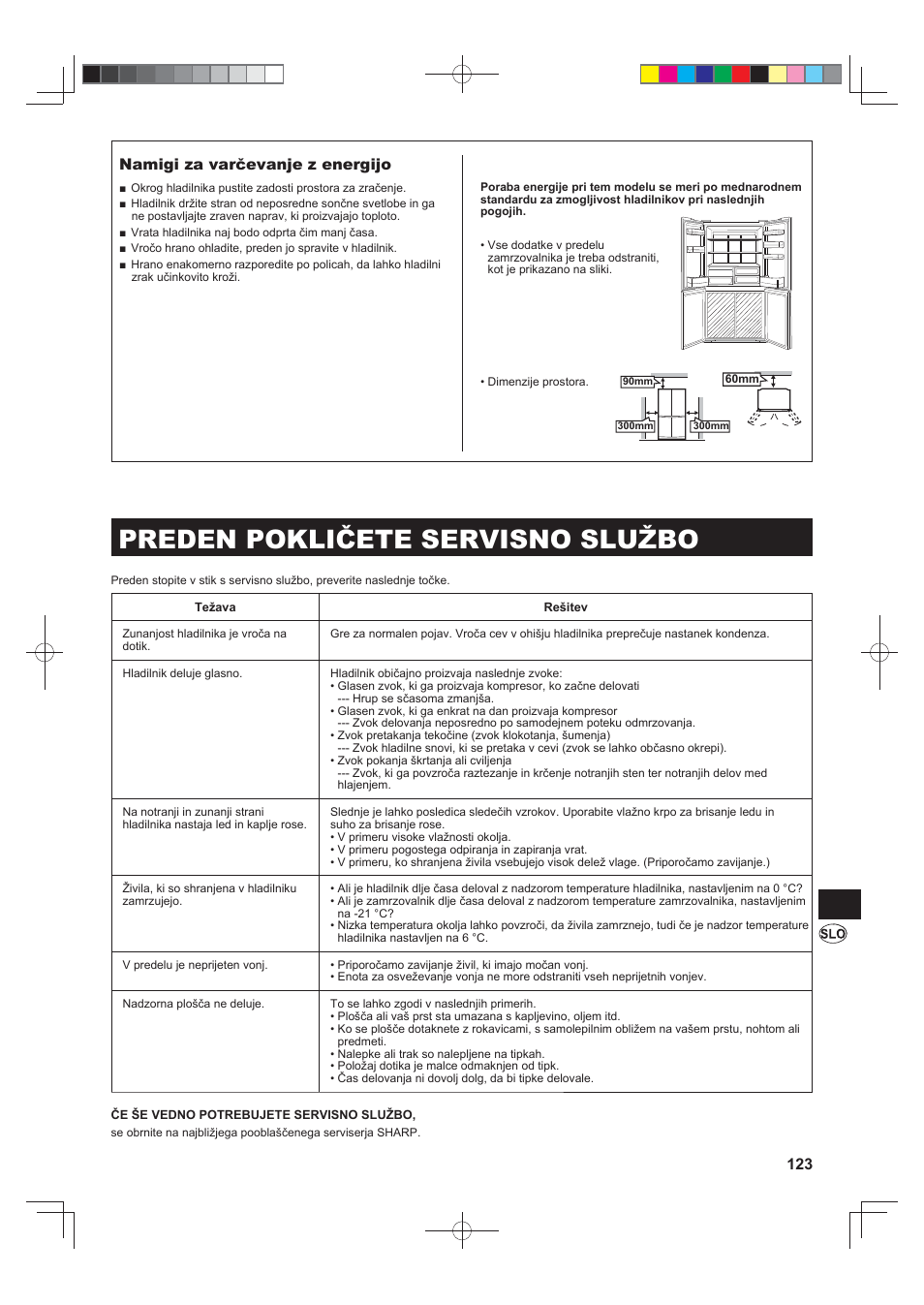 Preden pokličete servisno službo, Namigi za varčevanje z energijo | Sharp SJ-F790STSL User Manual | Page 123 / 140
