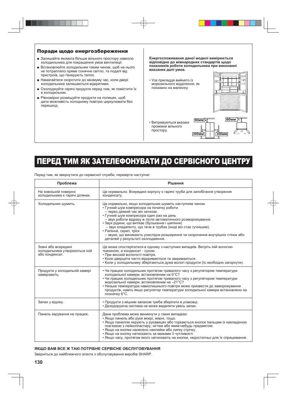 Перед тим як зателефонувати до сервісного центру, Поради щодо енергозбереження | Sharp SJ-F790STSL User Manual | Page 130 / 140