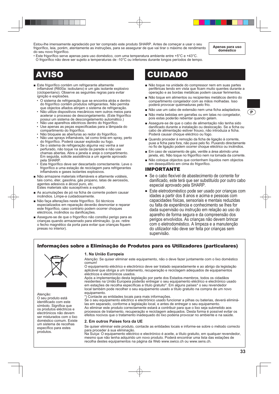 B486)w_2, Aviso cuidado, Importante | Sharp SJ-F790STSL User Manual | Page 33 / 140