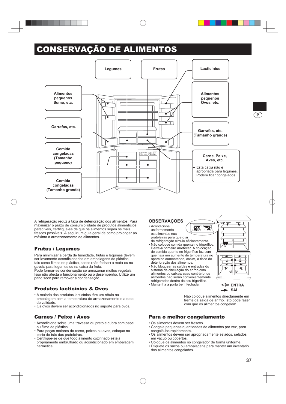 Conservação de alimentos, Frutas / legumes, Produtos lacticínios & ovos | Carnes / peixe / aves, Para o melhor congelamento | Sharp SJ-F790STSL User Manual | Page 37 / 140