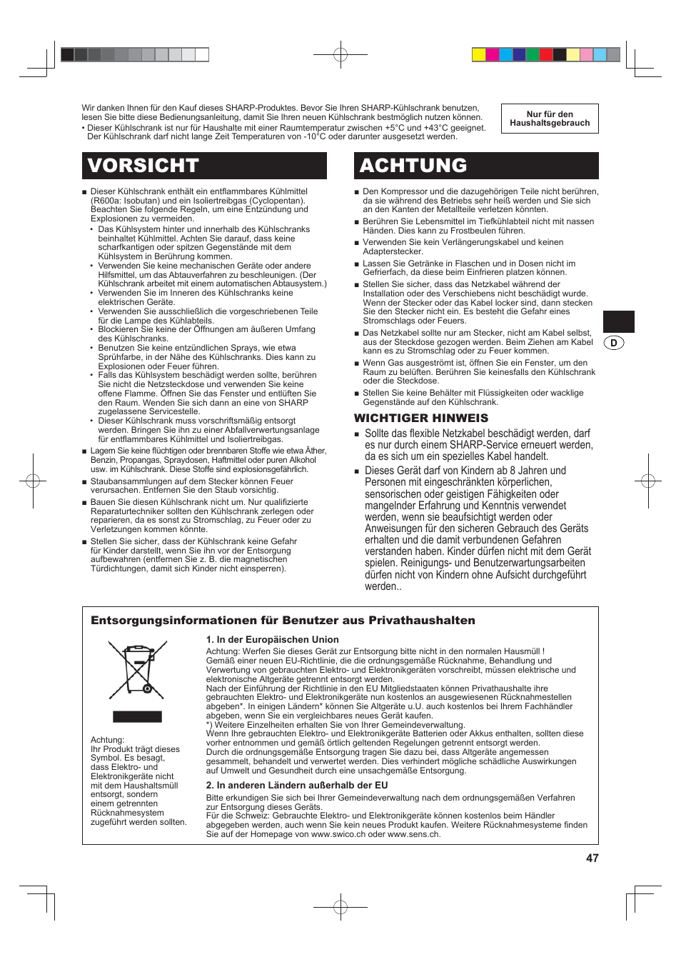 Vorsicht achtung, Wichtiger hinweis | Sharp SJ-F790STSL User Manual | Page 47 / 140