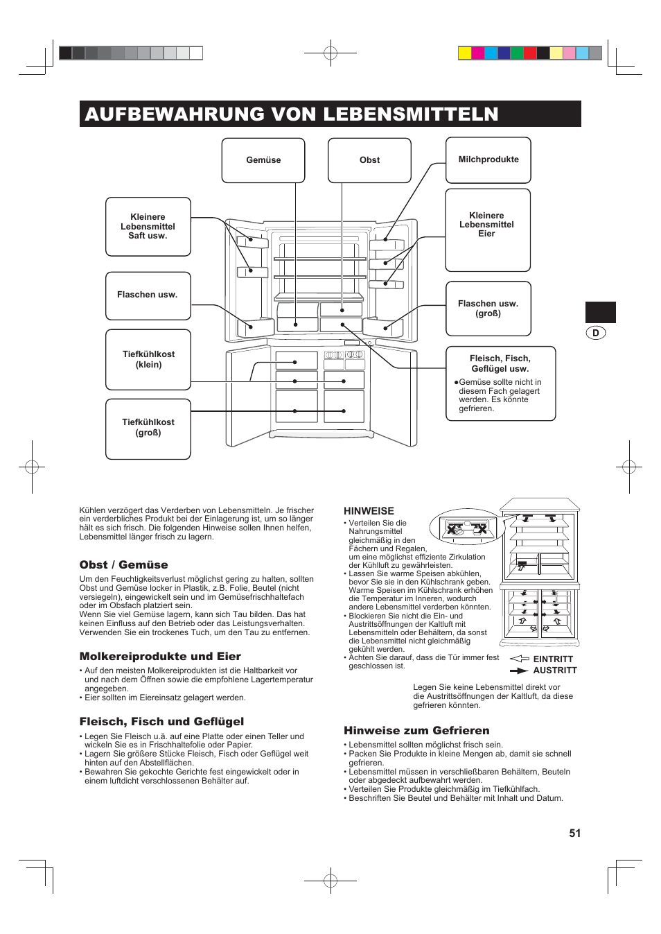 Aufbewahrung von lebensmitteln, Obst / gemüse, Molkereiprodukte und eier | Fleisch, fisch und gefl ügel, Hinweise zum gefrieren | Sharp SJ-F790STSL User Manual | Page 51 / 140