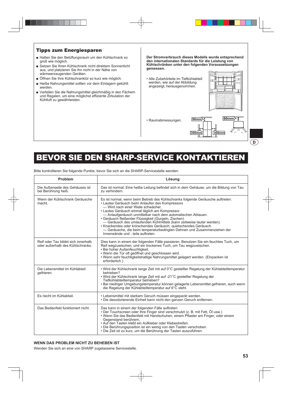 Bevor sie den sharp-service kontaktieren, Tipps zum energiesparen | Sharp SJ-F790STSL User Manual | Page 53 / 140