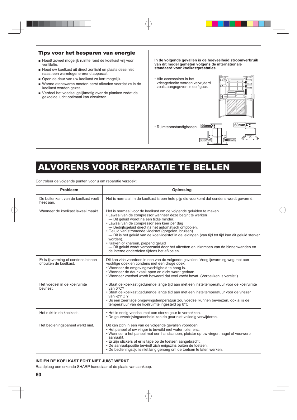 Alvorens voor reparatie te bellen, Tips voor het besparen van energie | Sharp SJ-F790STSL User Manual | Page 60 / 140