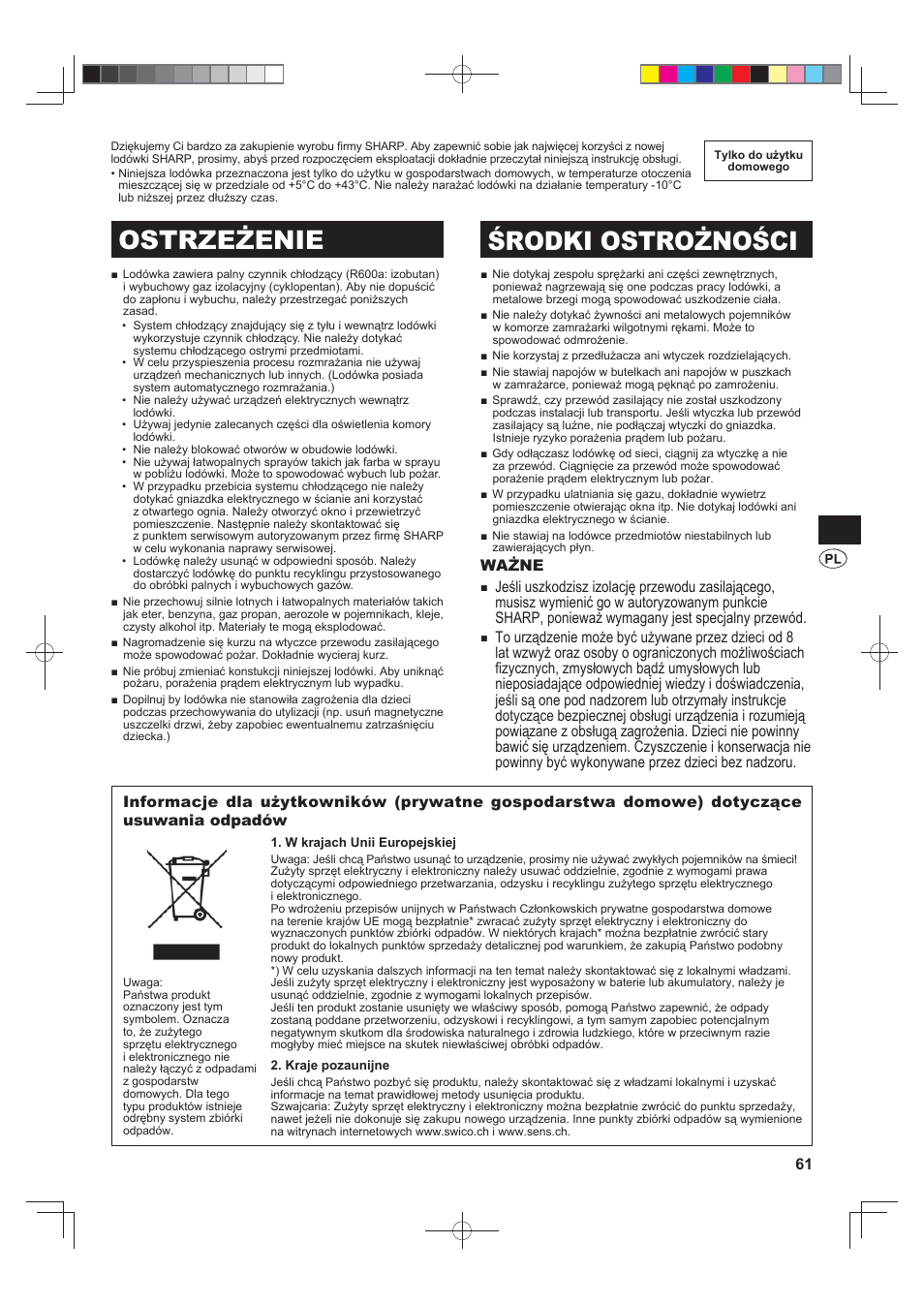 B486)e_1, Ostrzeżenie środki ostrożności, Ważne | Sharp SJ-F790STSL User Manual | Page 61 / 140