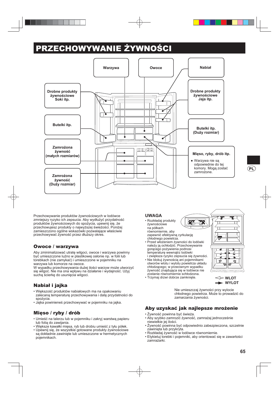 Przechowywanie żywności, Owoce / warzywa, Nabiał i jajka | Mięso / ryby / drób, Aby uzyskać jak najlepsze mrożenie | Sharp SJ-F790STSL User Manual | Page 65 / 140