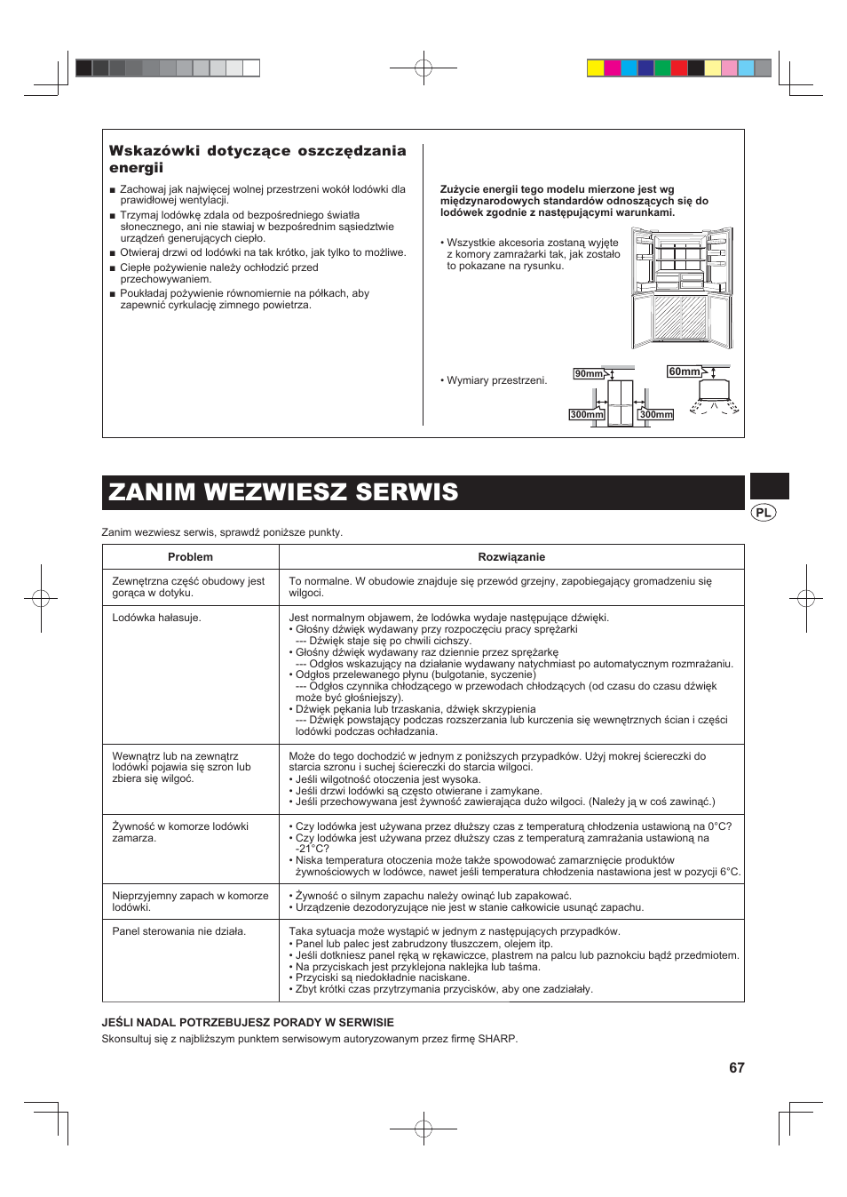 Zanim wezwiesz serwis, Wskazówki dotyczące oszczędzania energii | Sharp SJ-F790STSL User Manual | Page 67 / 140