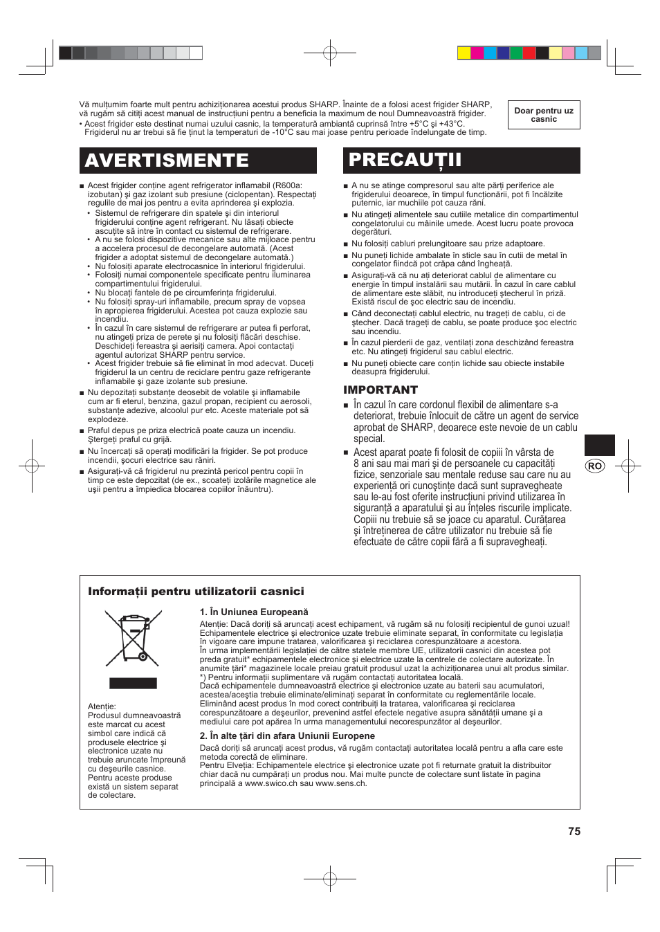 Avertismente precauţii | Sharp SJ-F790STSL User Manual | Page 75 / 140