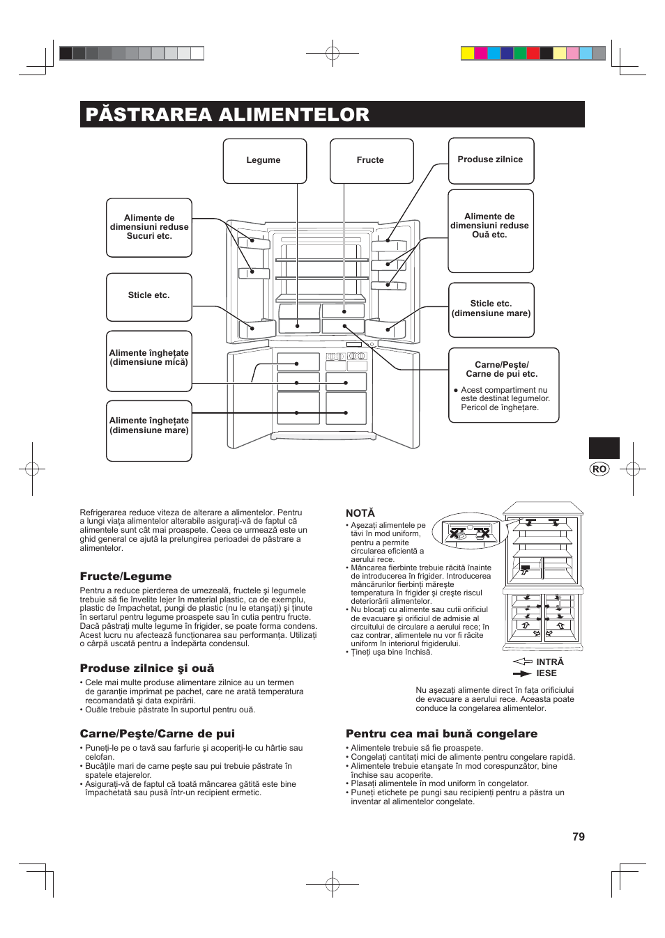 Păstrarea alimentelor, Fructe/legume, Produse zilnice şi ouă | Carne/peşte/carne de pui, Pentru cea mai bună congelare | Sharp SJ-F790STSL User Manual | Page 79 / 140