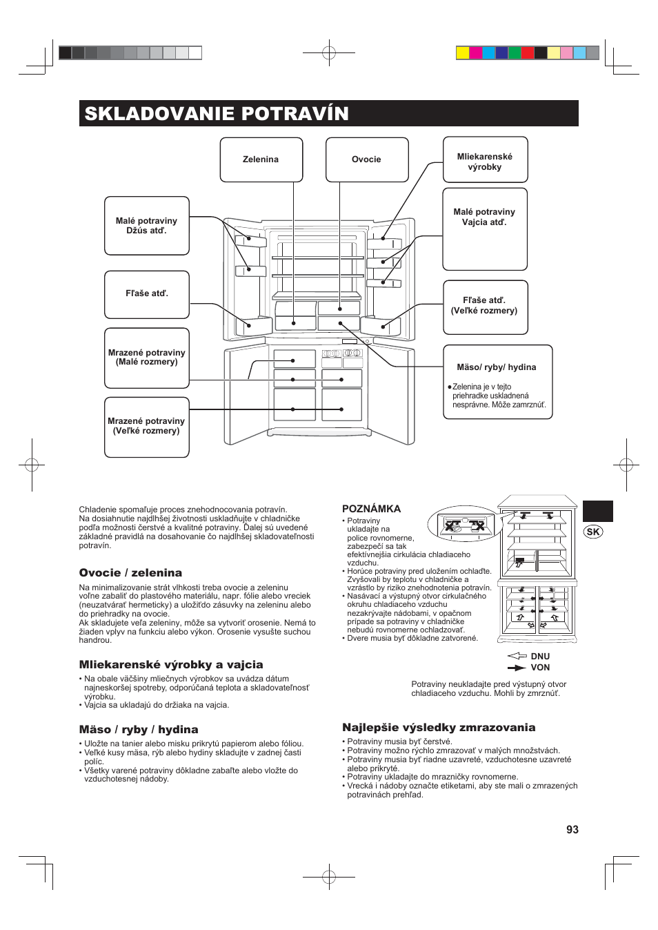 Skladovanie potravín, Ovocie / zelenina, Mliekarenské výrobky a vajcia | Mäso / ryby / hydina, Najlepšie výsledky zmrazovania | Sharp SJ-F790STSL User Manual | Page 93 / 140