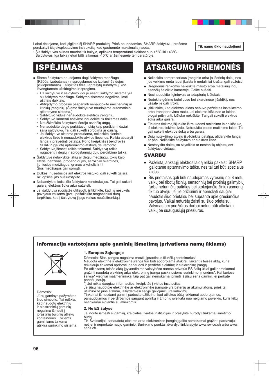 Įspėjimas atsargumo priemonės, Svarbu | Sharp SJ-F790STSL User Manual | Page 96 / 140
