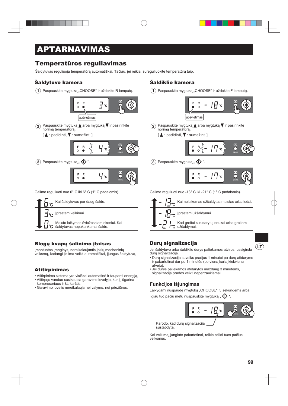 Aptarnavimas, Temperatūros reguliavimas | Sharp SJ-F790STSL User Manual | Page 99 / 140