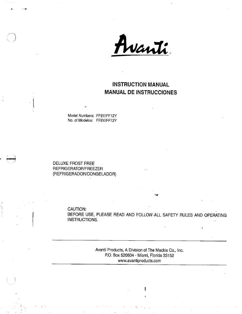 Avanti FF8Y User Manual | 20 pages