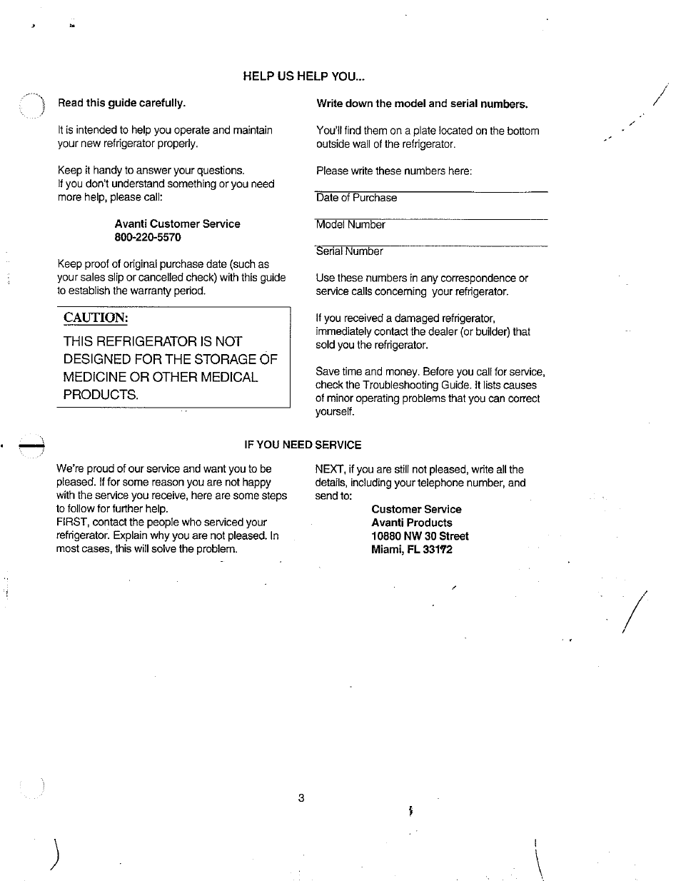Read this guide carefully, Help us help you, Write down the model and serial numbers | Avanti customer service 800-220-5570, If you need service | Avanti FF8Y User Manual | Page 3 / 20