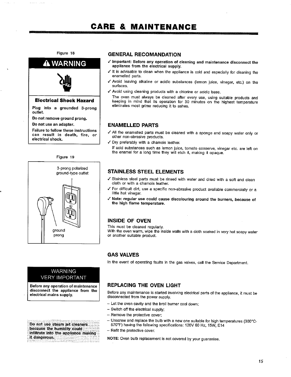 Care & maintenance, À warning, Electrical shock hazard | General recomandation, Enamelled parts, Stainless steel elements, Inside of oven, Gas valves, Replacing the oven light | Avanti DG201BS User Manual | Page 15 / 20