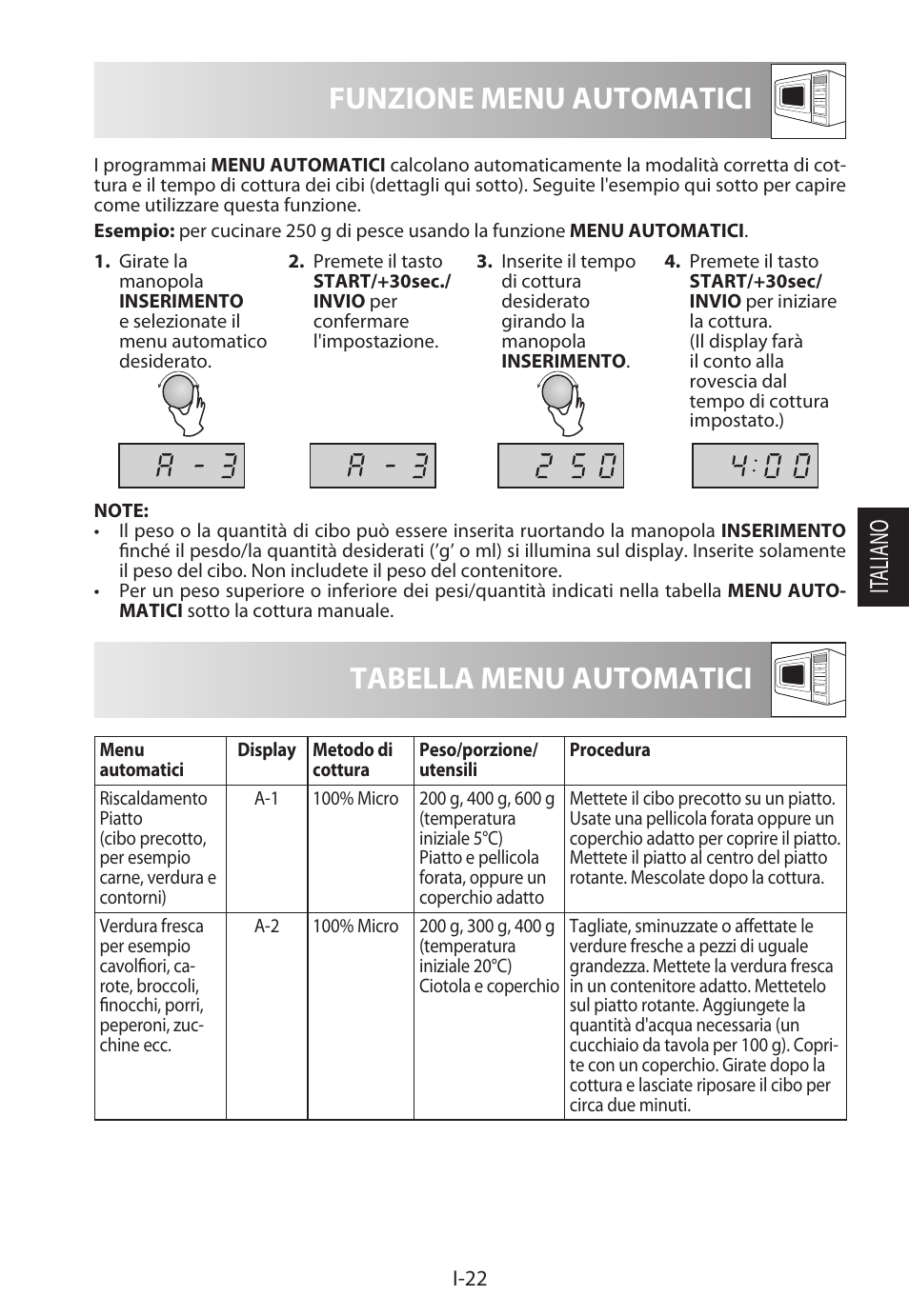 Tabella menu automatici, Funzione menu automatici, It aliano | Sharp R-622STWE Four à micro-ondes gril User Manual | Page 103 / 266