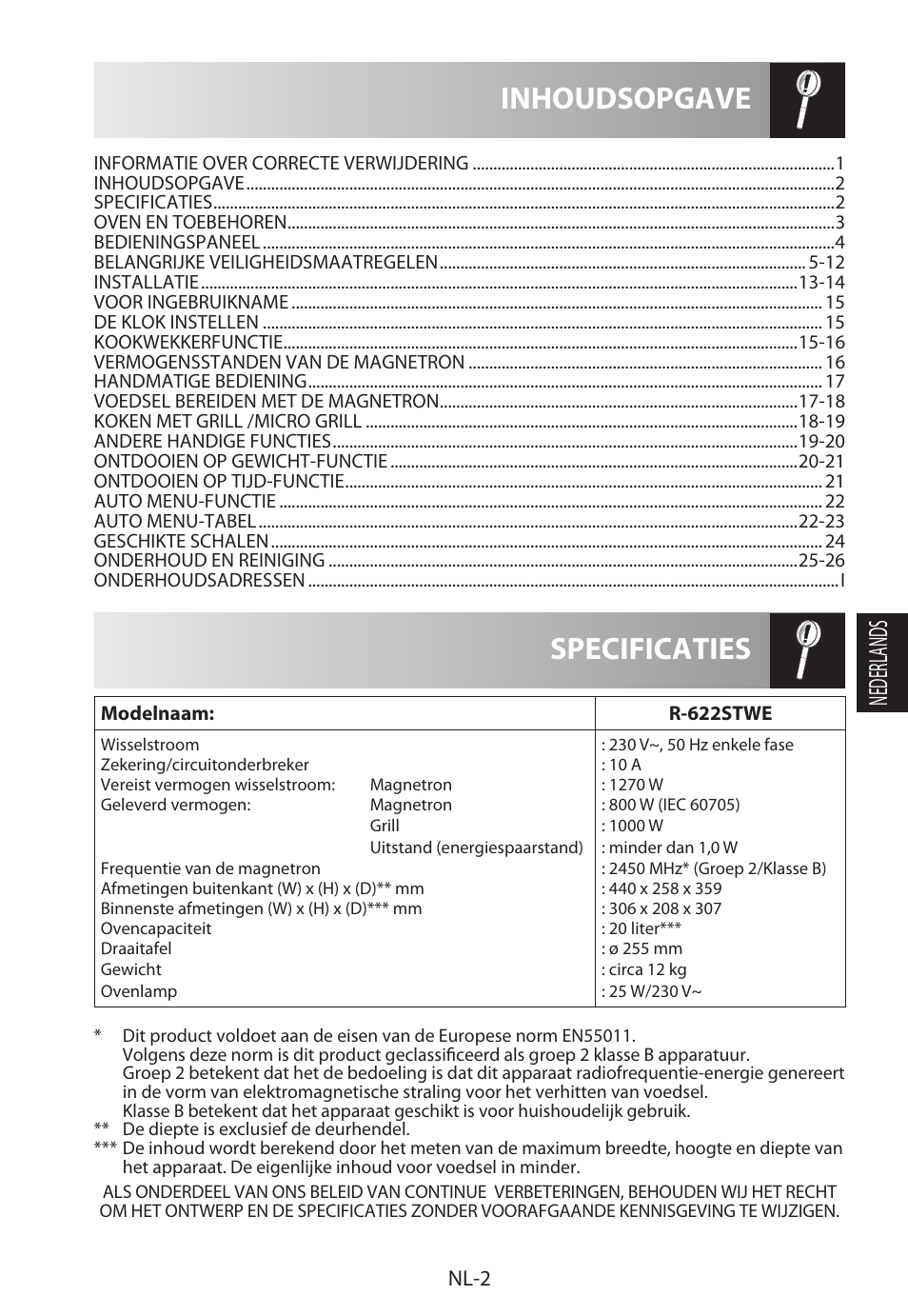 Specificaties inhoudsopgave, Nederlands, Nl-2 | Sharp R-622STWE Four à micro-ondes gril User Manual | Page 109 / 266