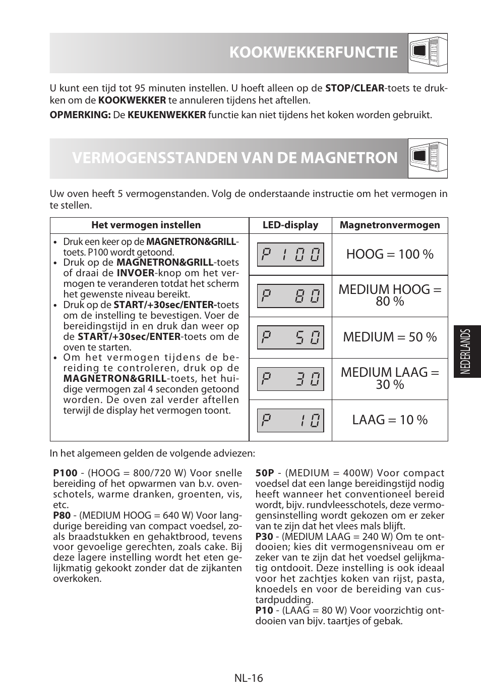 Vermogensstanden van de magnetron, Kookwekkerfunctie, Nederlands | Sharp R-622STWE Four à micro-ondes gril User Manual | Page 123 / 266