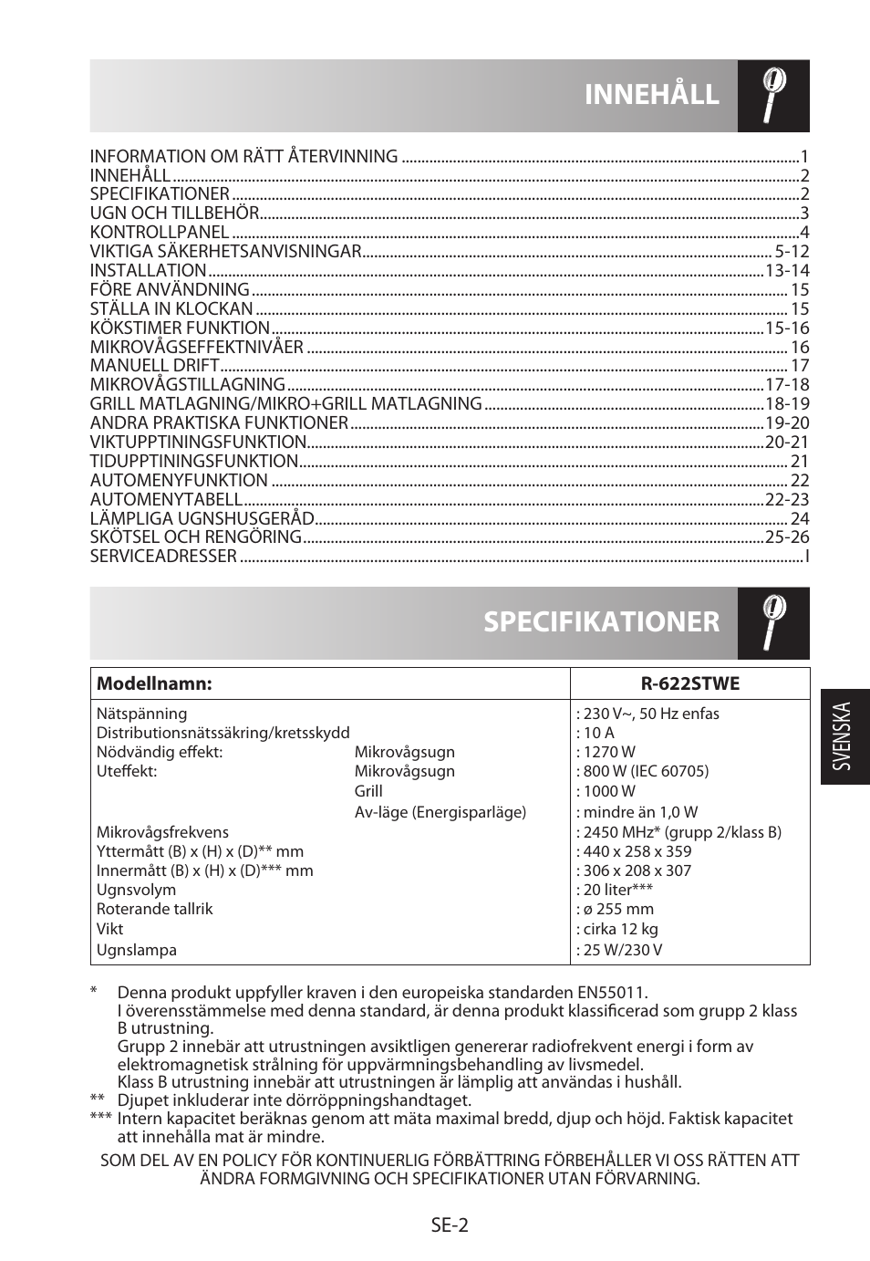 Specifikationer innehåll, Svensk a, Se-2 | Sharp R-622STWE Four à micro-ondes gril User Manual | Page 135 / 266