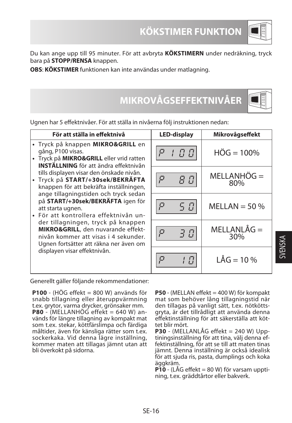 Mikrovågseffektnivåer, Kökstimer funktion, Svensk a | Sharp R-622STWE Four à micro-ondes gril User Manual | Page 149 / 266