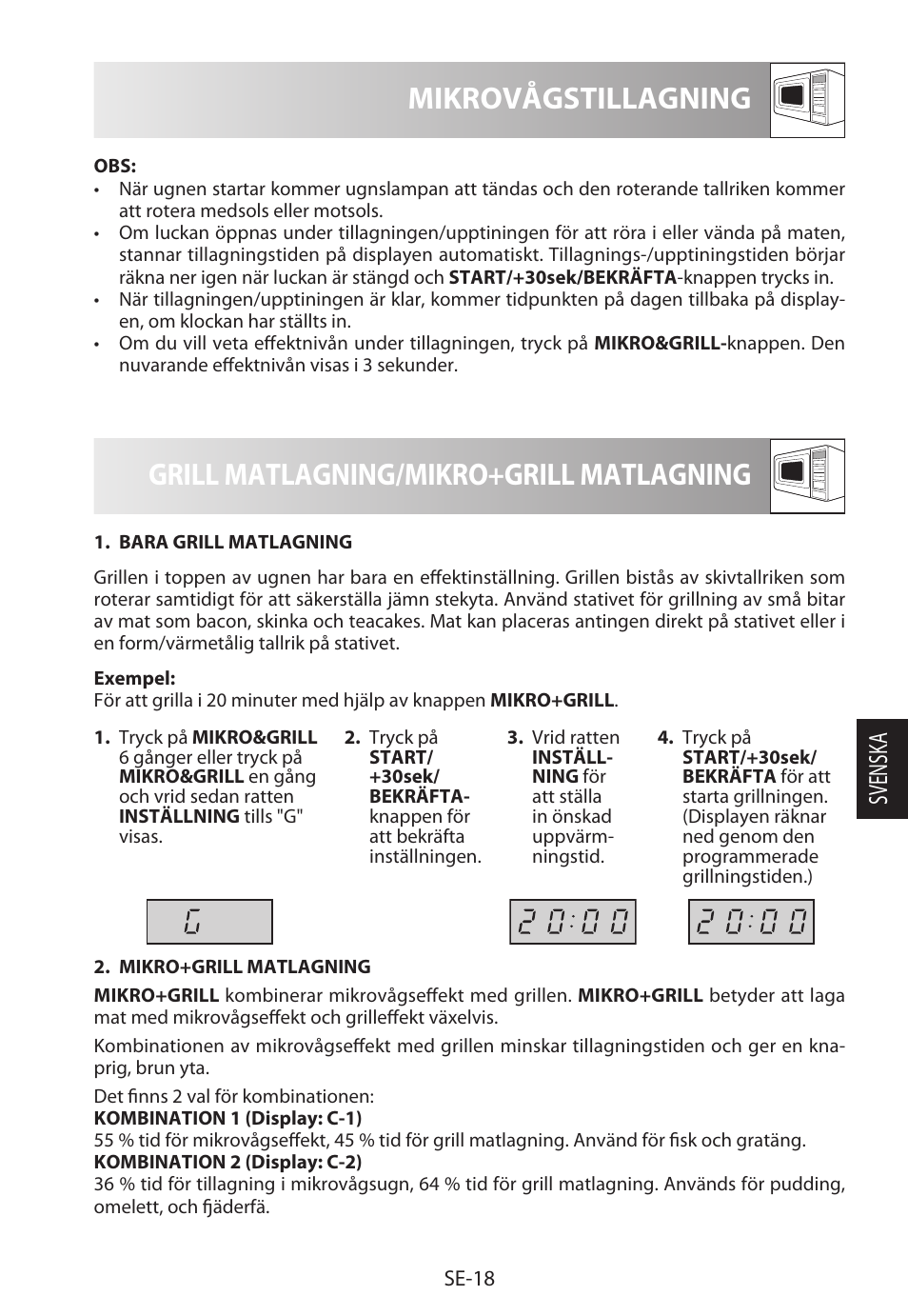Mikrovågstillagning, Grill matlagning/mikro+grill matlagning, Svensk a | Sharp R-622STWE Four à micro-ondes gril User Manual | Page 151 / 266