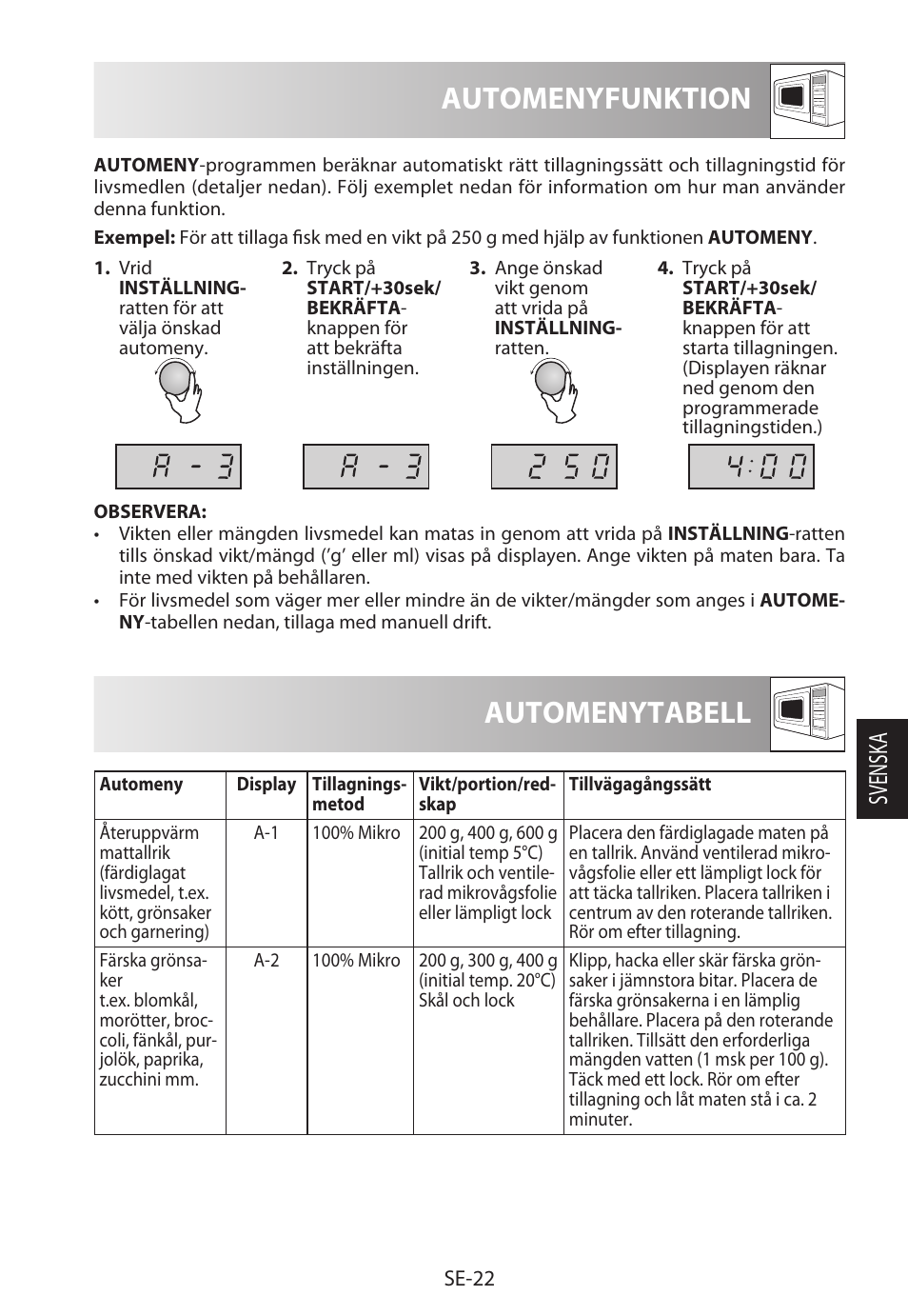 Automenytabell, Automenyfunktion, Svensk a | Sharp R-622STWE Four à micro-ondes gril User Manual | Page 155 / 266