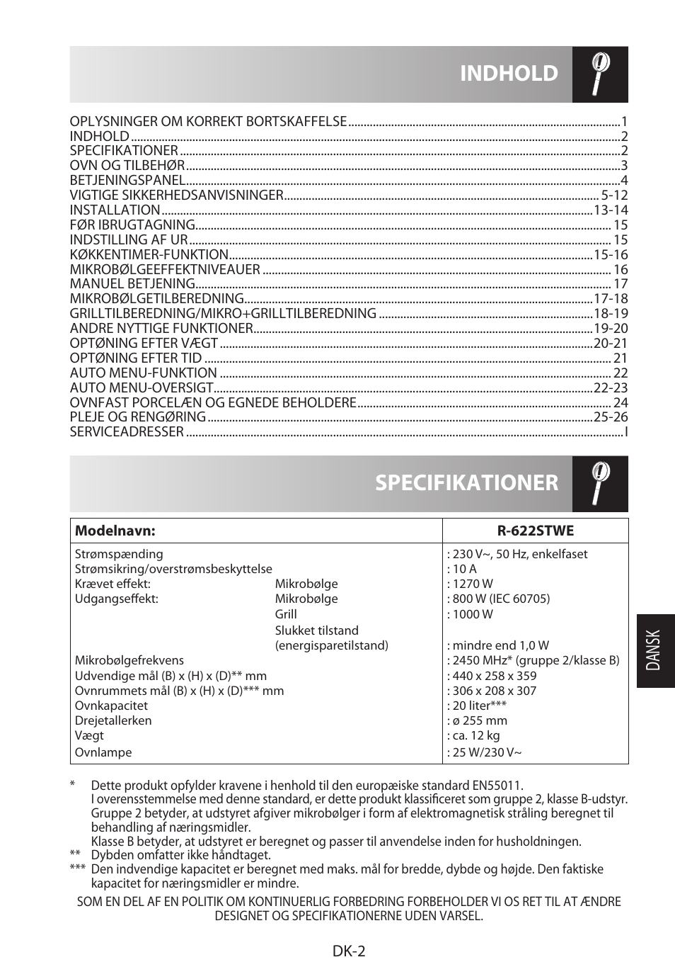 Specifikationer indhold, Da ns k, Dk-2 | Sharp R-622STWE Four à micro-ondes gril User Manual | Page 161 / 266