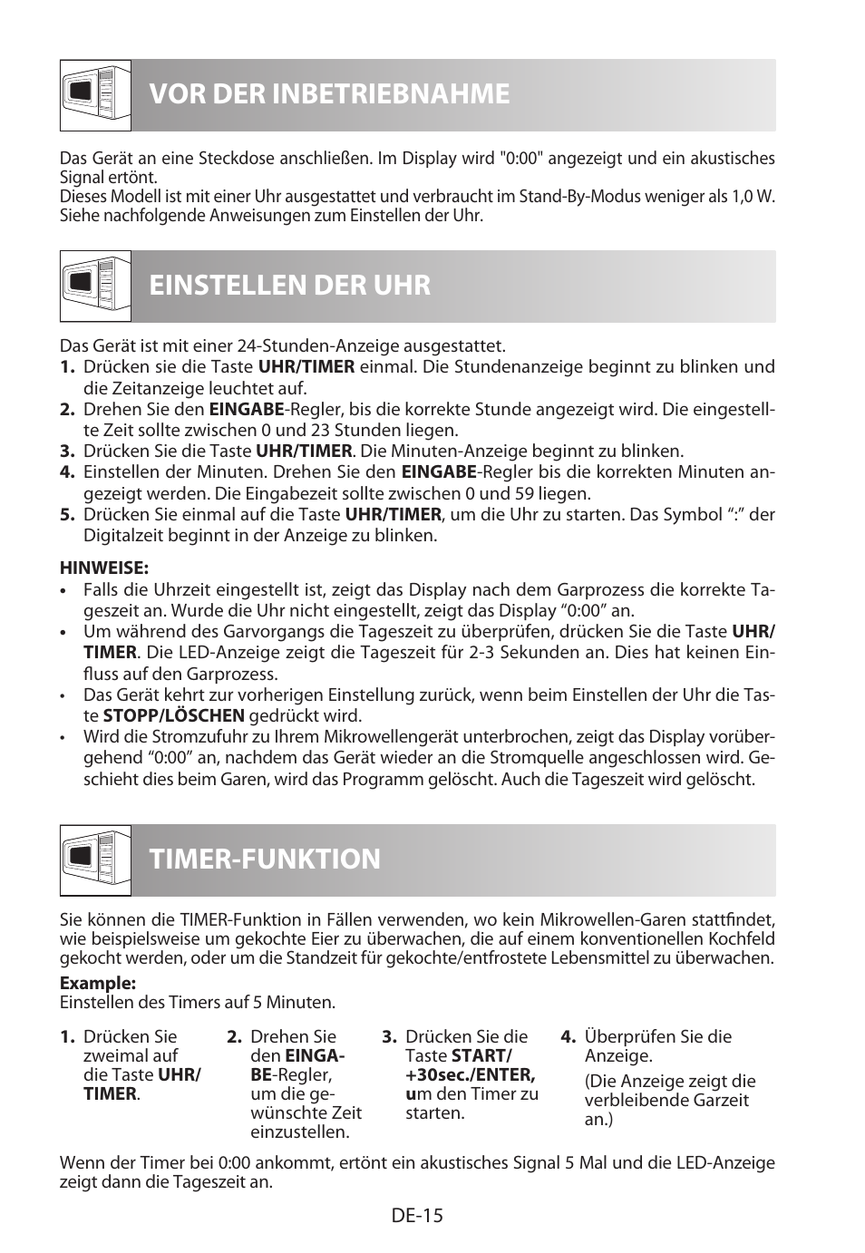 Vor der inbetriebnahme einstellen der uhr, Timer-funktion | Sharp R-622STWE Four à micro-ondes gril User Manual | Page 18 / 266