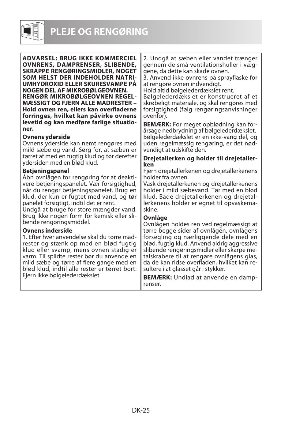 Pleje og rengøring | Sharp R-622STWE Four à micro-ondes gril User Manual | Page 184 / 266