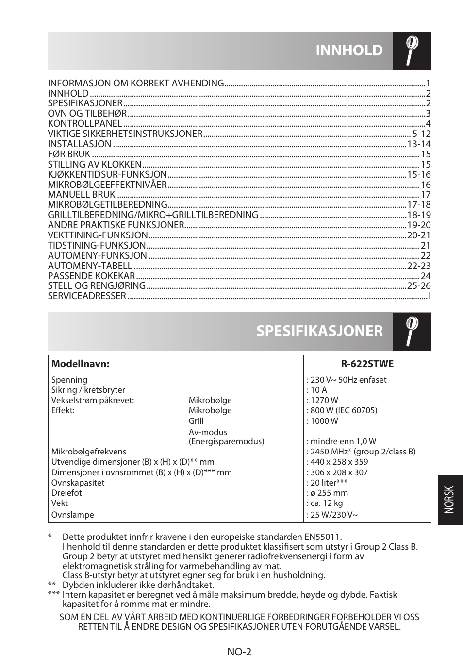 Spesifikasjoner innhold, Norsk, No-2 | Sharp R-622STWE Four à micro-ondes gril User Manual | Page 187 / 266