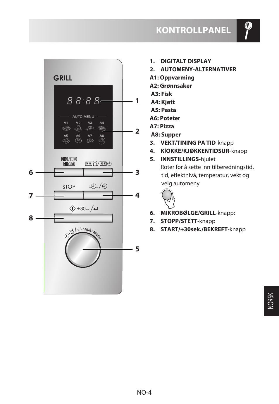 Kontrollpanel, Norsk | Sharp R-622STWE Four à micro-ondes gril User Manual | Page 189 / 266