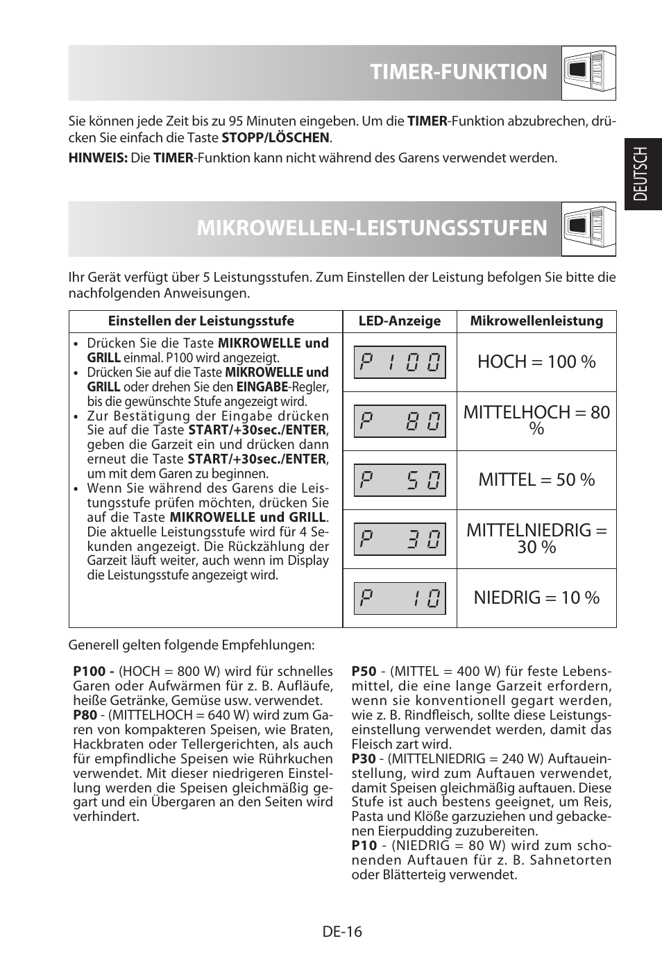 Mikrowellen-leistungsstufen, Timer-funktion, Deutsch | Sharp R-622STWE Four à micro-ondes gril User Manual | Page 19 / 266