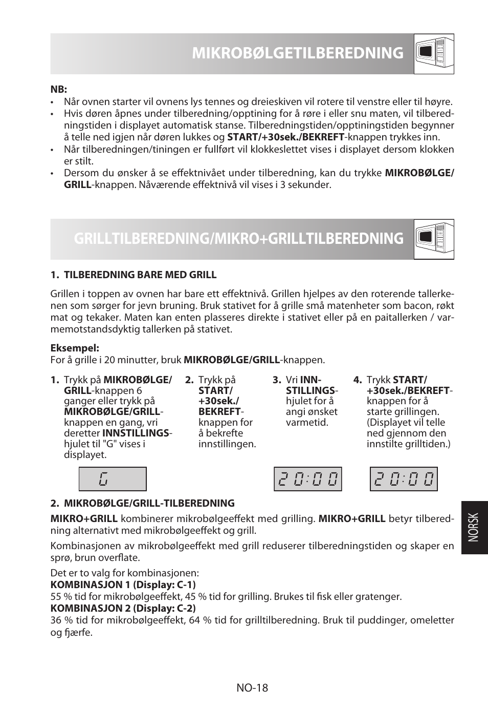 Mikrobølgetilberedning, Grilltilberedning/mikro+grilltilberedning, Norsk | Sharp R-622STWE Four à micro-ondes gril User Manual | Page 203 / 266