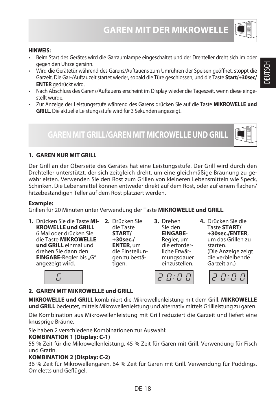 Garen mit der mikrowelle, Garen mit grill/garen mit microwelle und grill, Deutsch | Sharp R-622STWE Four à micro-ondes gril User Manual | Page 21 / 266