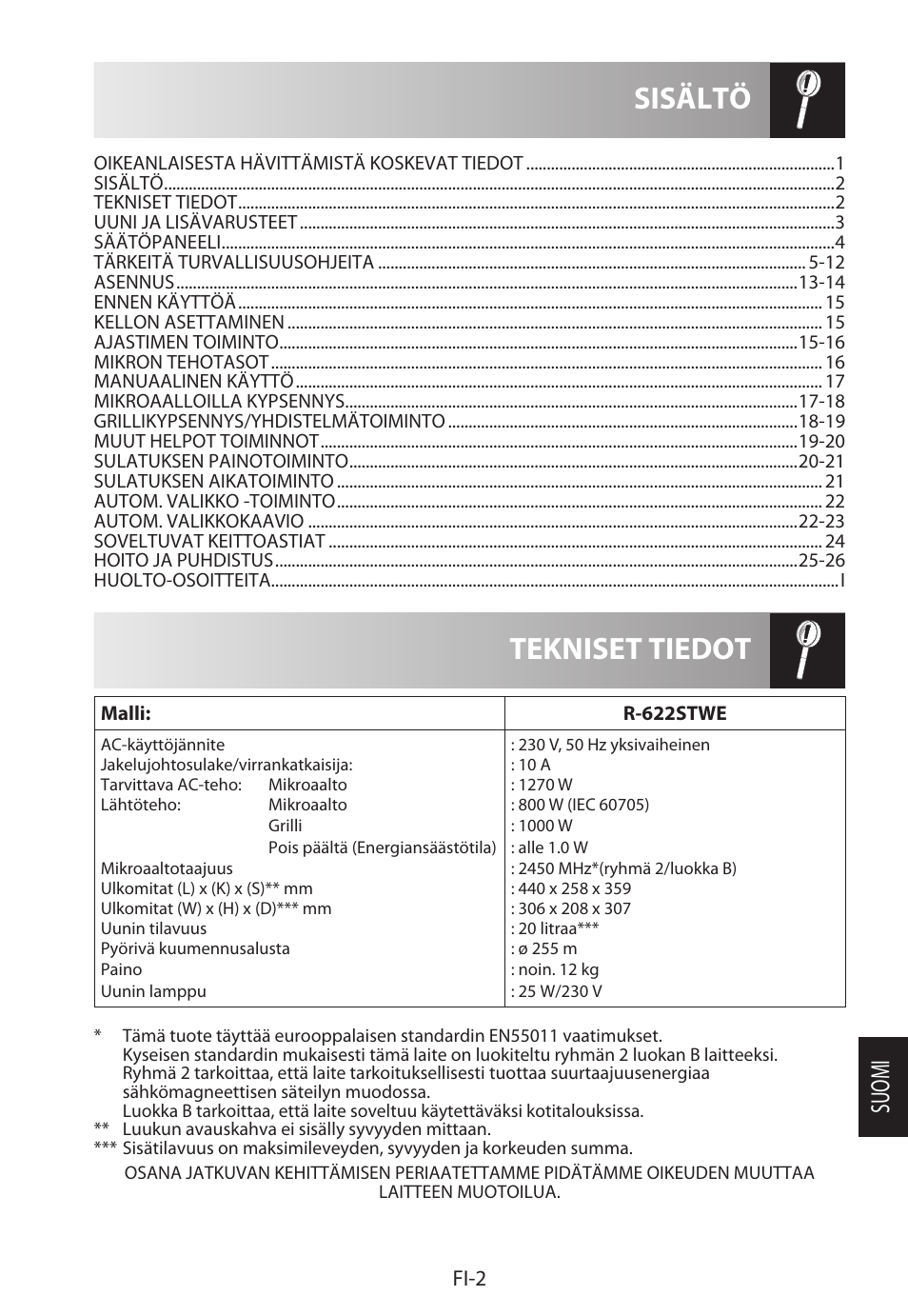 Tekniset tiedot sisältö, Suomi | Sharp R-622STWE Four à micro-ondes gril User Manual | Page 213 / 266