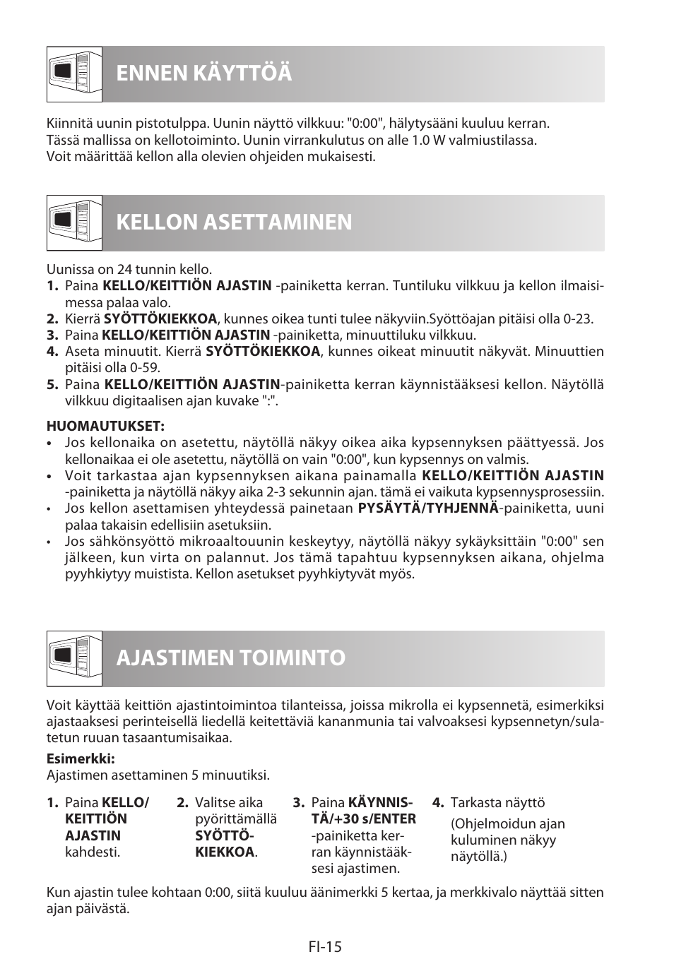 Ennen käyttöä kellon asettaminen, Ajastimen toiminto | Sharp R-622STWE Four à micro-ondes gril User Manual | Page 226 / 266
