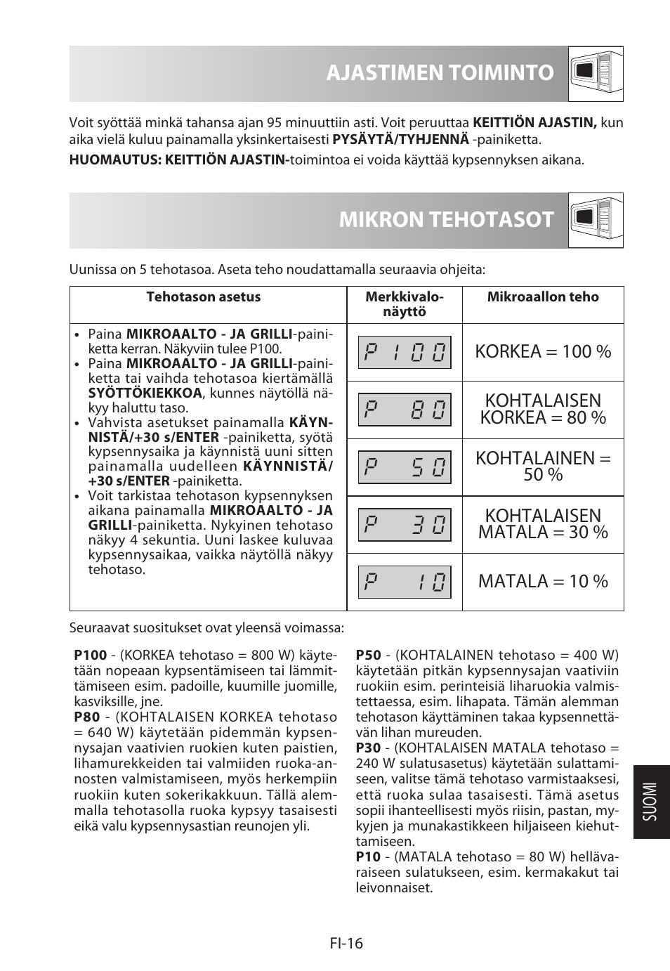 Mikron tehotasot, Ajastimen toiminto | Sharp R-622STWE Four à micro-ondes gril User Manual | Page 227 / 266