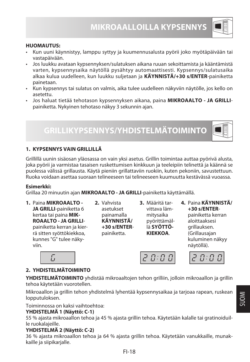 Mikroaalloilla kypsennys, Grillikypsennys/yhdistelmätoiminto, Suomi | Sharp R-622STWE Four à micro-ondes gril User Manual | Page 229 / 266