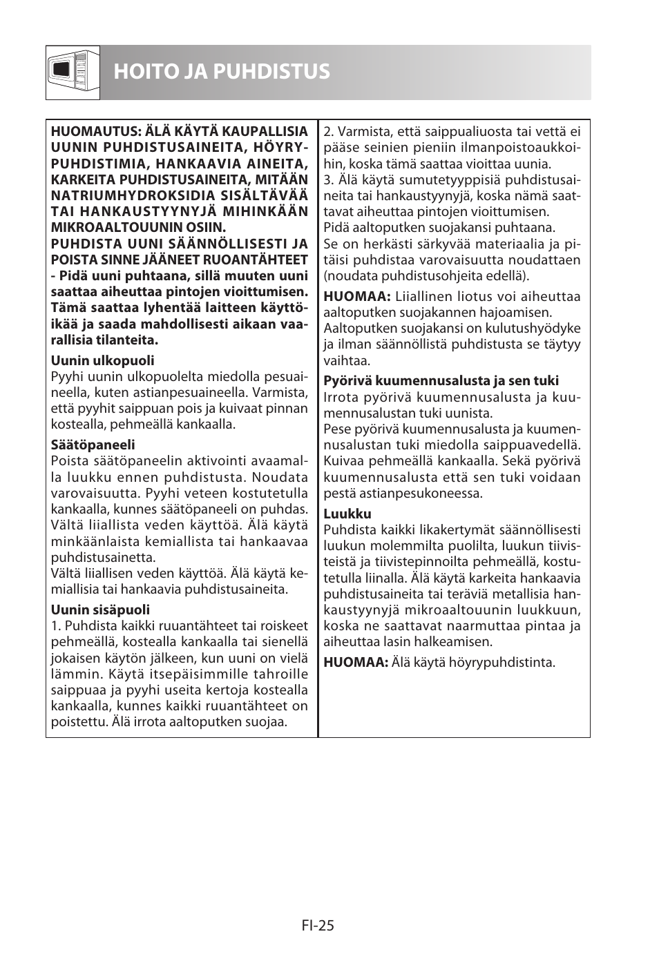 Hoito ja puhdistus | Sharp R-622STWE Four à micro-ondes gril User Manual | Page 236 / 266