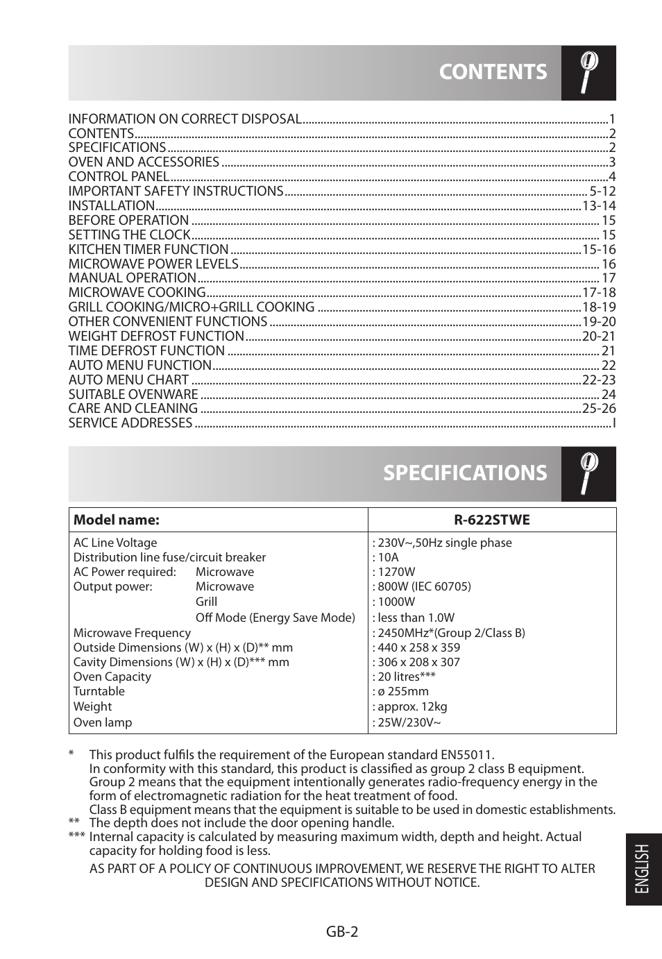 Specifications contents, English, Gb-2 | Sharp R-622STWE Four à micro-ondes gril User Manual | Page 239 / 266