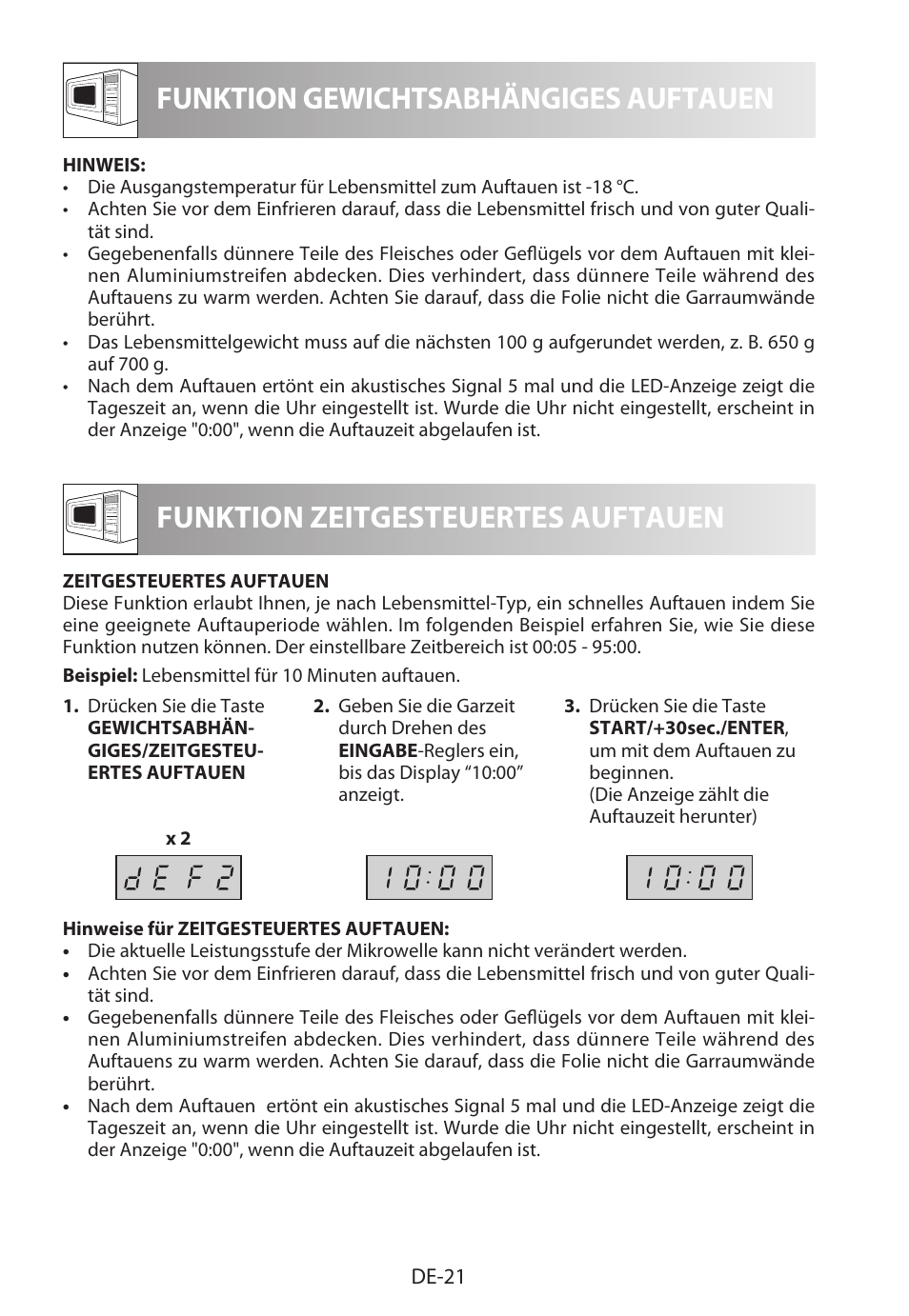 Funktion gewichtsabhängiges auftauen, Funktion zeitgesteuertes auftauen | Sharp R-622STWE Four à micro-ondes gril User Manual | Page 24 / 266