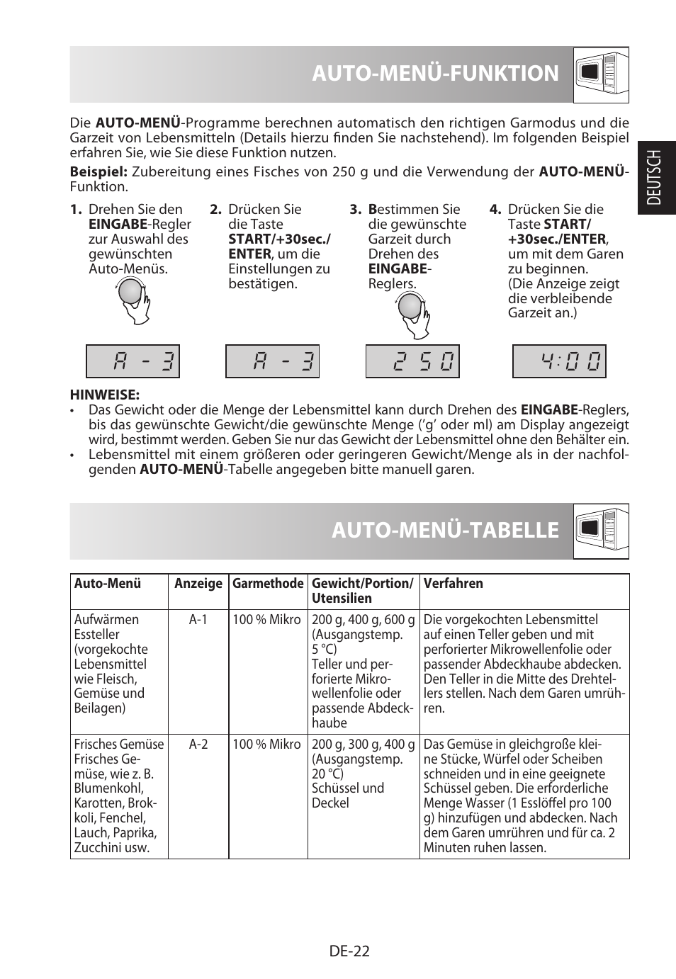 Auto-menü-tabelle, Auto-menü-funktion, Deutsch | Sharp R-622STWE Four à micro-ondes gril User Manual | Page 25 / 266