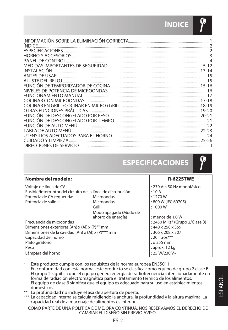 Especificaciones índice, Español, Es-2 | Sharp R-622STWE Four à micro-ondes gril User Manual | Page 31 / 266